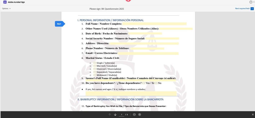 Filling out personal information in Adobe Acrobat Sign to submit a form