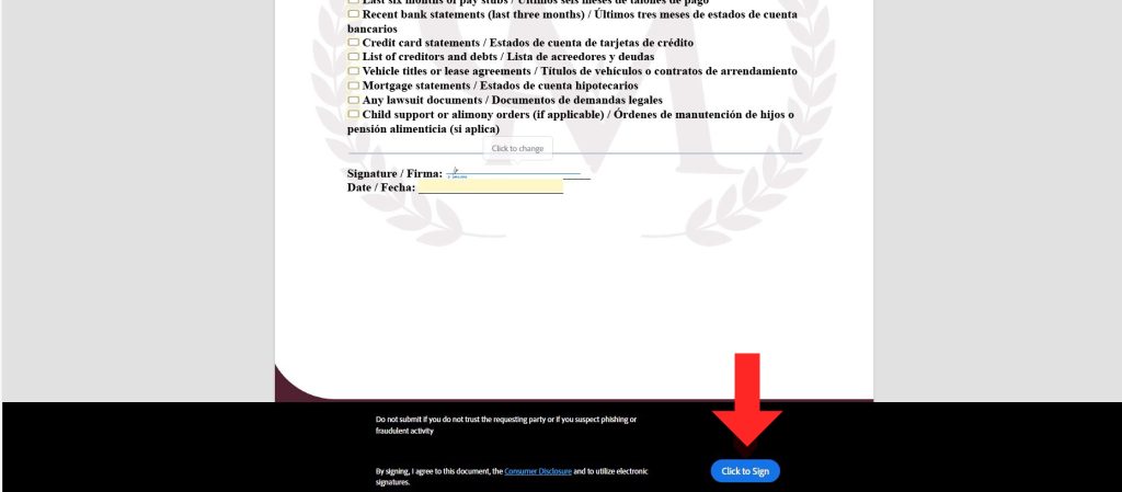 Clicking the final button to sign and submit a form