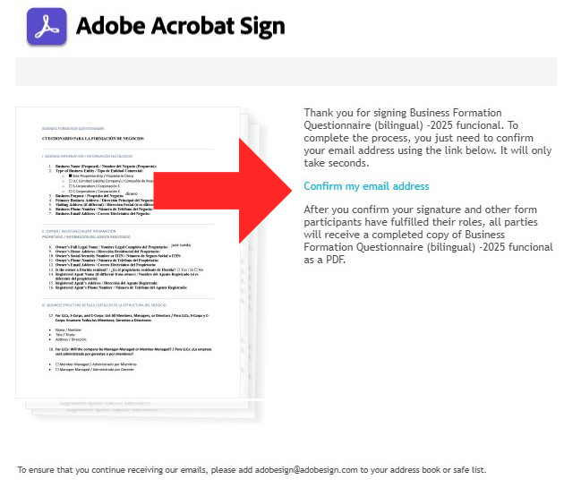 Confirming the email address link to successfully submit a form