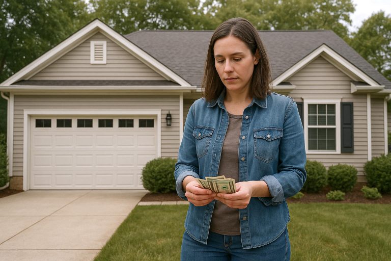 Woman counting money in front of a house representing foreclosure options and financial recovery